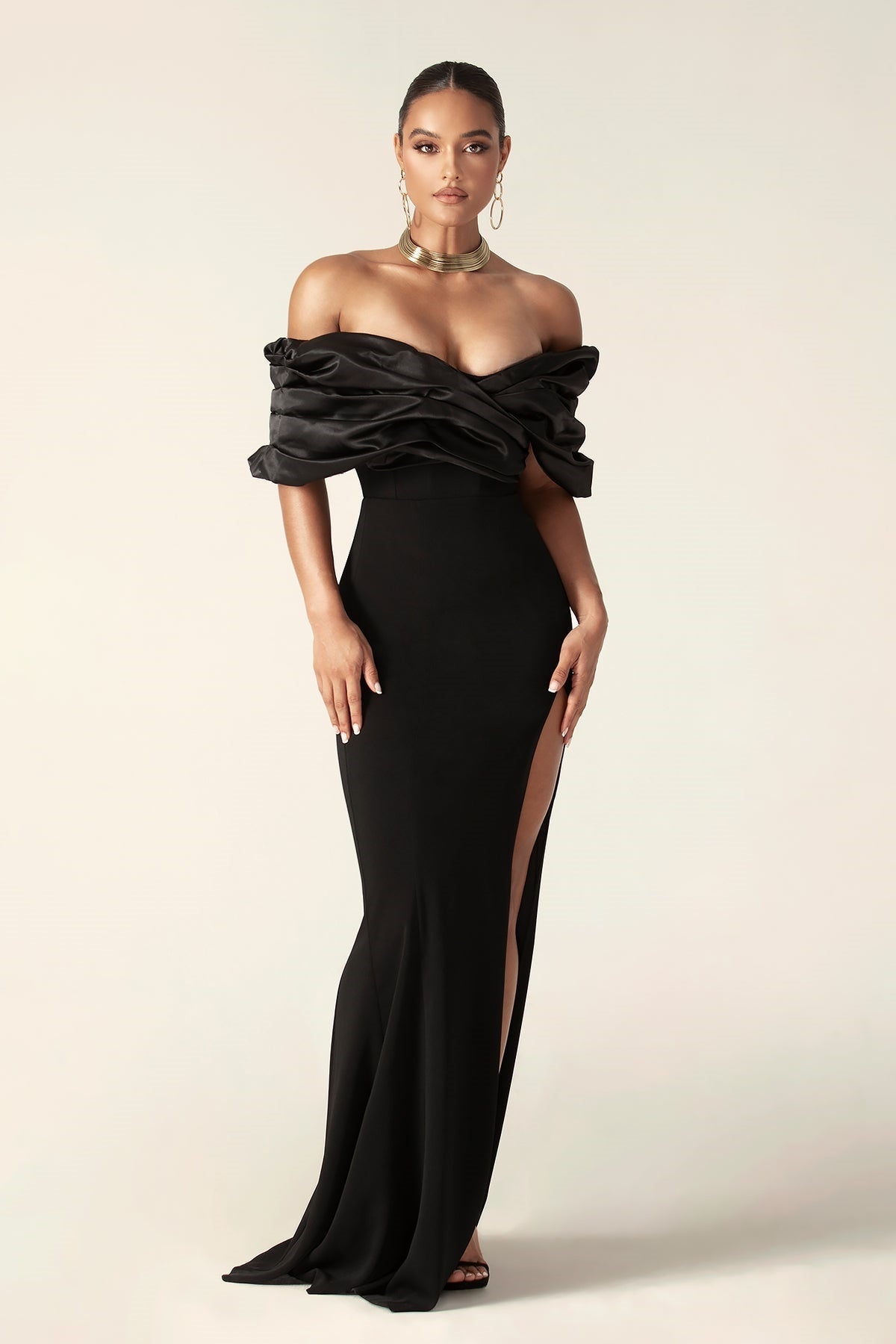 off shoulder ruched maxi dress Sophia Off Shoulder Ruched Maxi Slit Dress – Wiwor