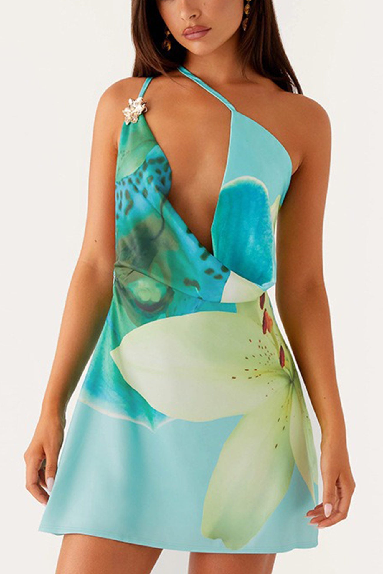 Floral Cowl Neck One-shoulder Mini Dress