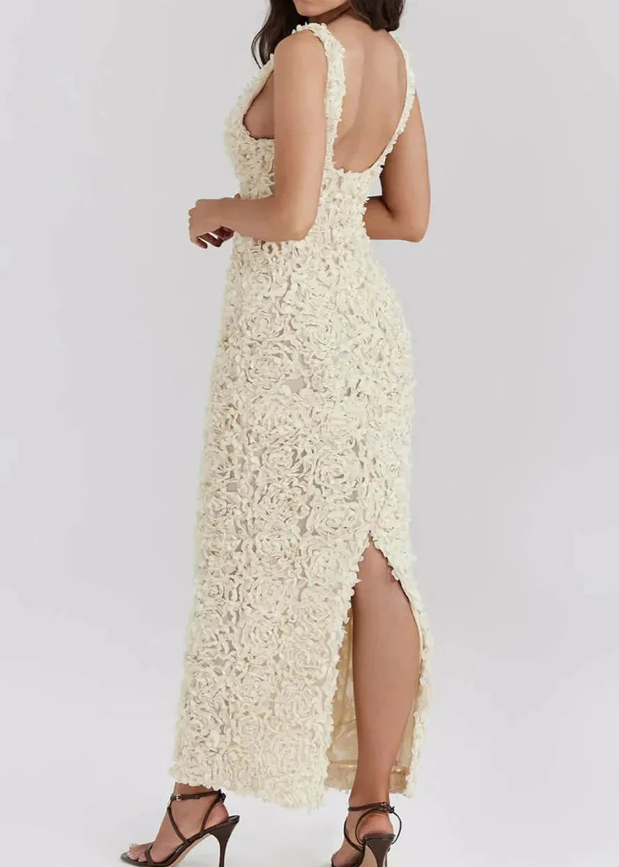 Ivory Petals - TextuRed Plunge Maxi Dress