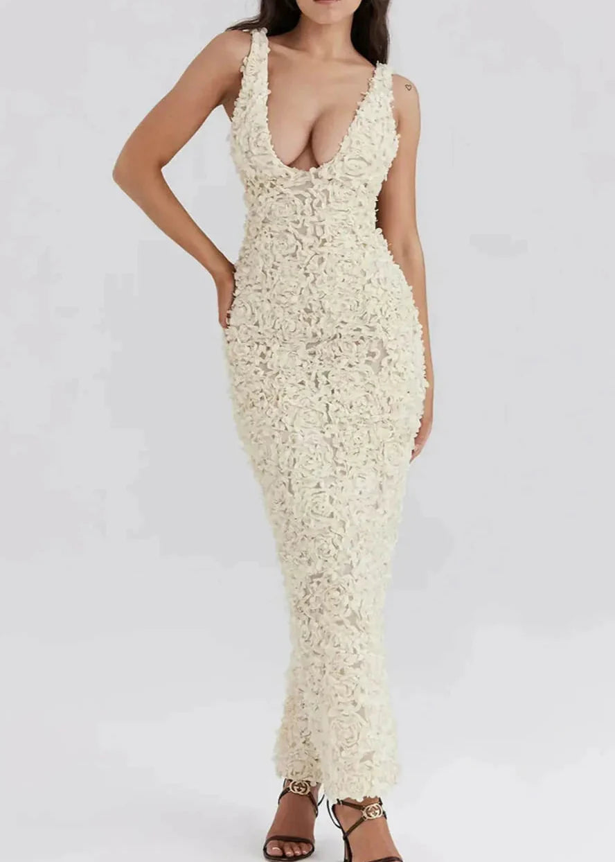 Ivory Petals - TextuRed Plunge Maxi Dress