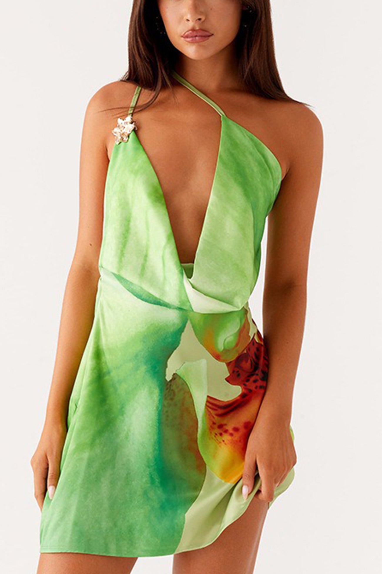 Floral Cowl Neck One-shoulder Mini Dress