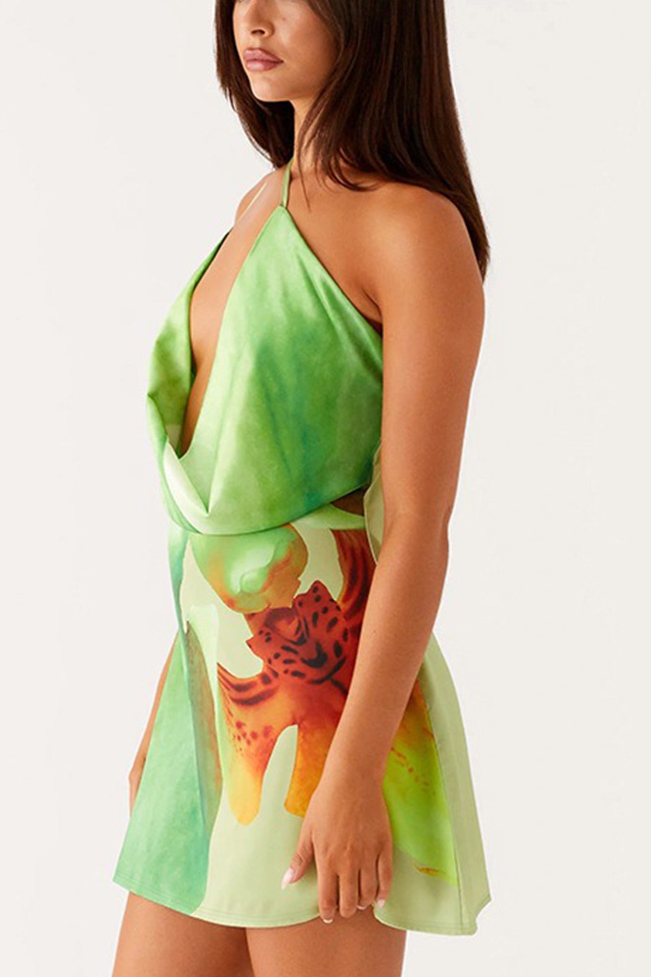 Floral Cowl Neck One-shoulder Mini Dress