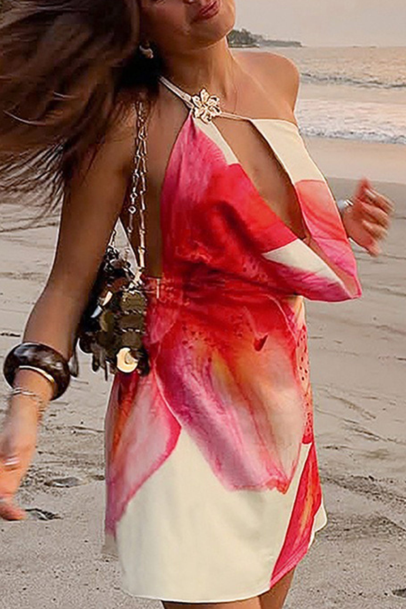 Floral Cowl Neck One-shoulder Mini Dress
