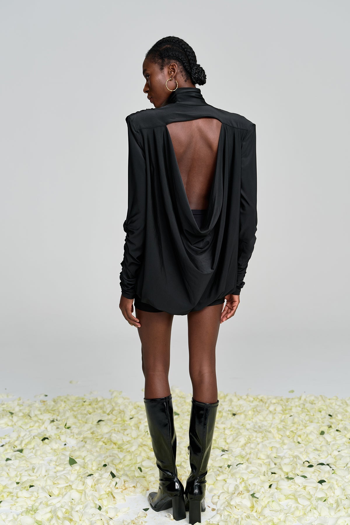 Alphonsus Backless Ruch Mini Dress In Black
