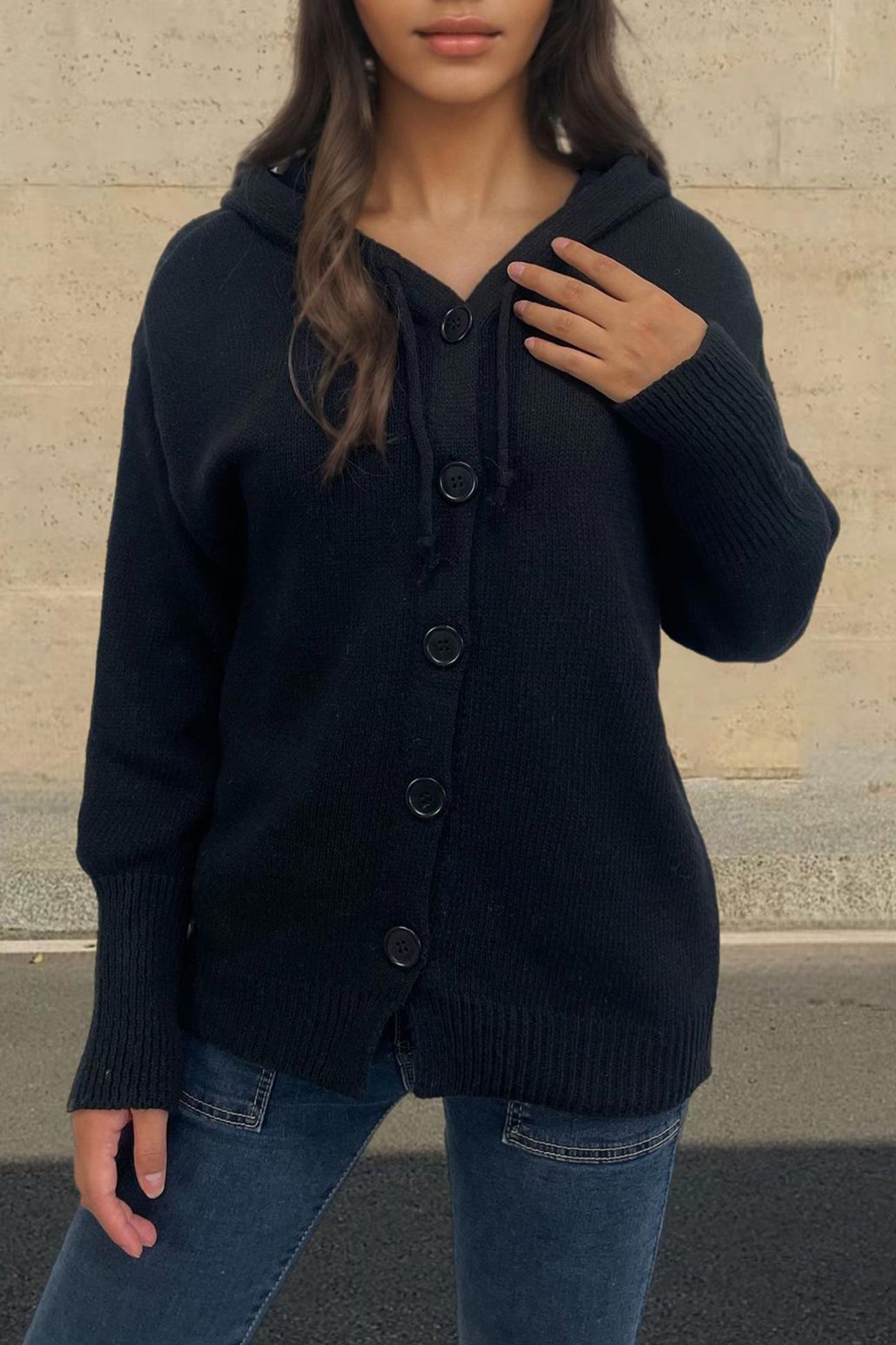 Button-down Knit Hooded Cardigan