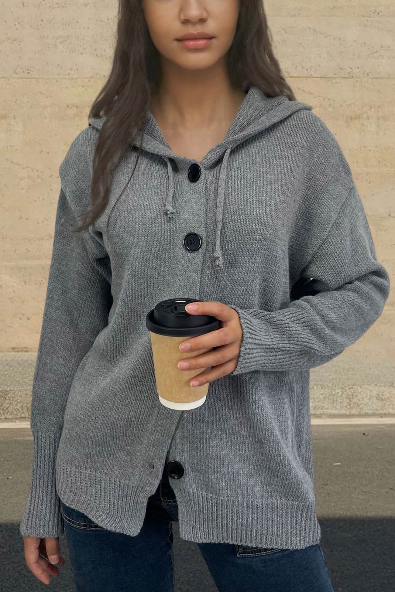 Button-down Knit Hooded Cardigan