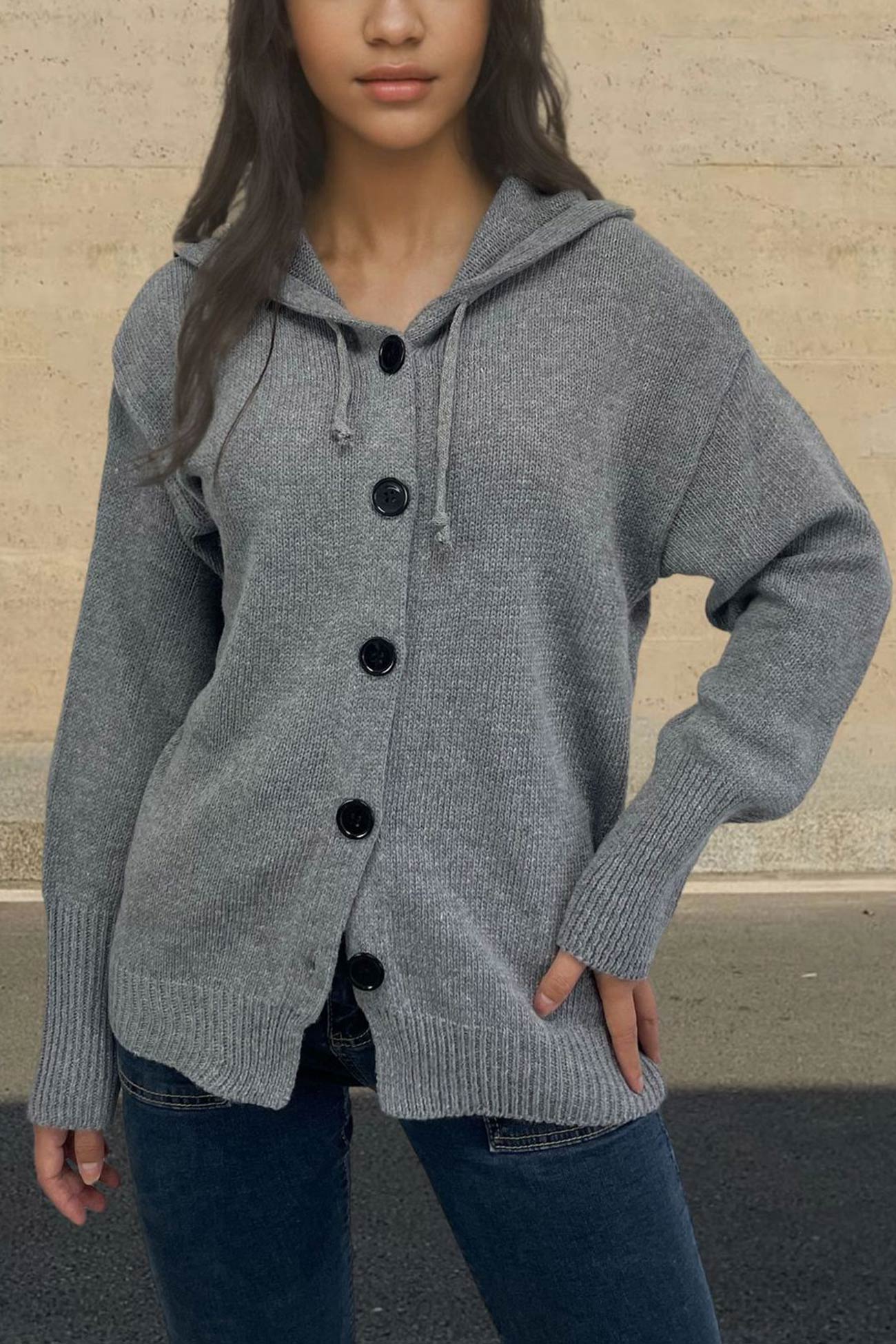 Button-down Knit Hooded Cardigan