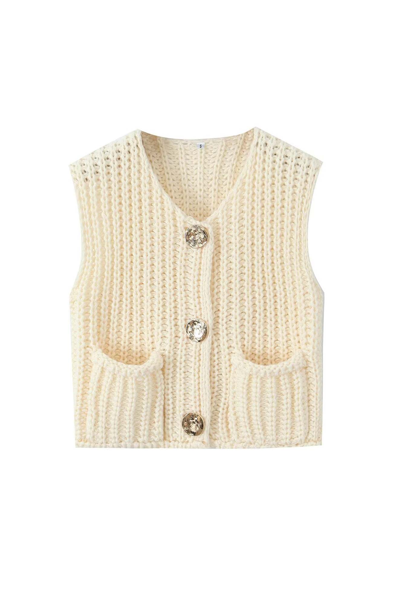Button Front Sleeveless Pocket Knit Cardigan