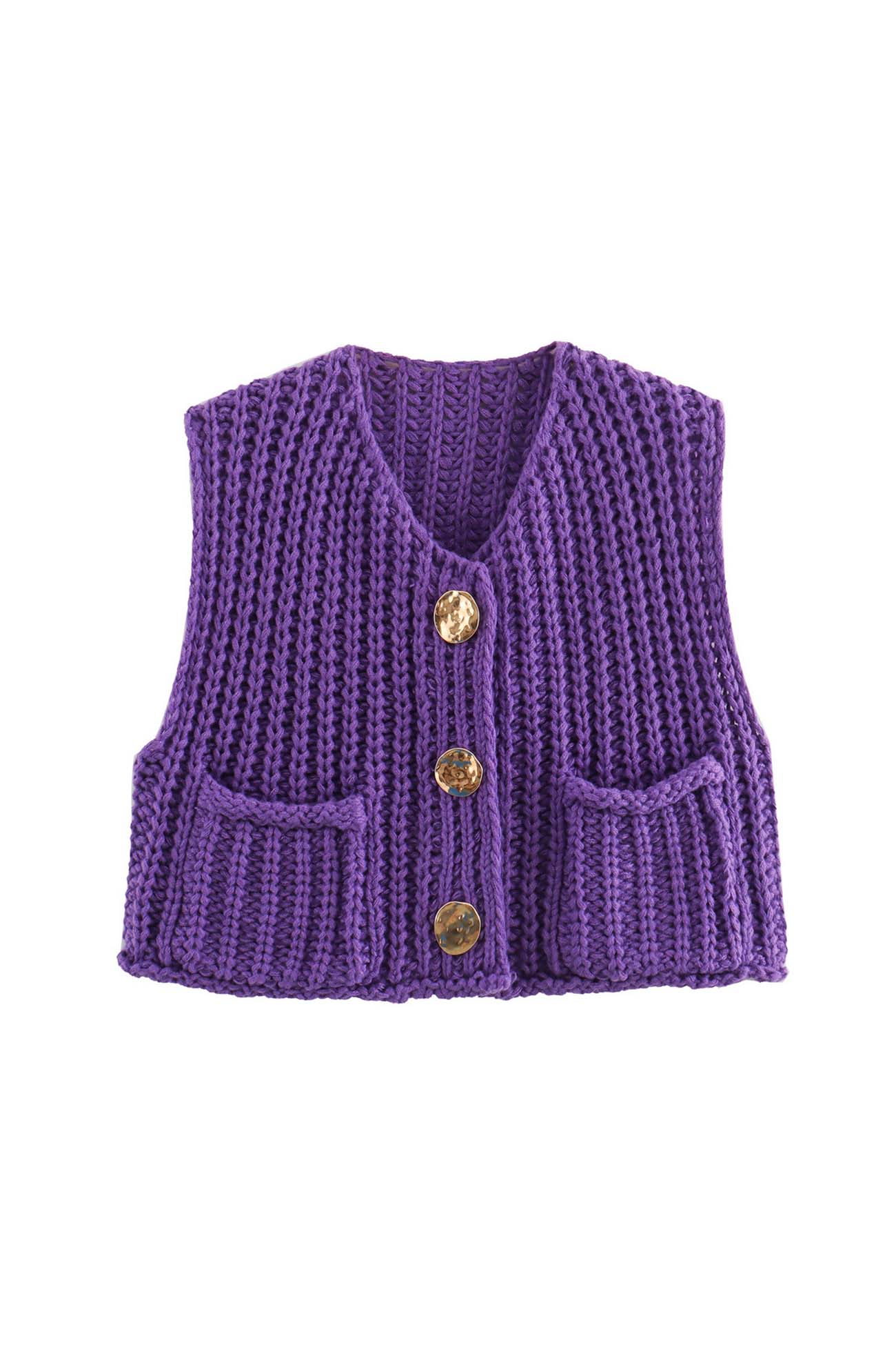 Button Front Sleeveless Pocket Knit Cardigan