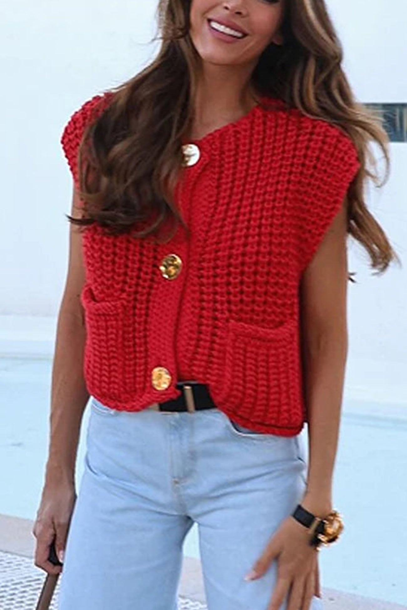 Button Front Sleeveless Pocket Knit Cardigan