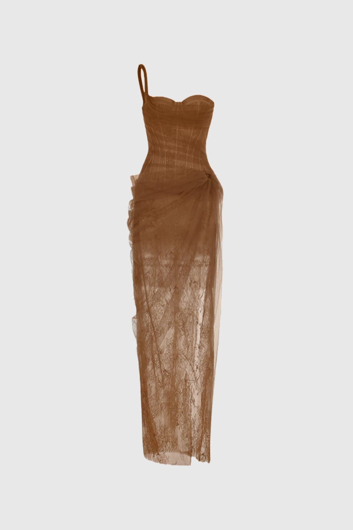 Dechen One Shoulder Corset Mesh Maxi Dress In Brown
