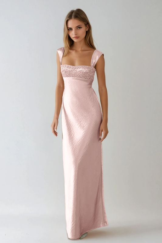 Fatos Sleeveless Rhinestone Satin Maxi Dress