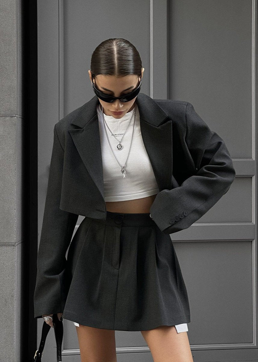 Cropped Blazer and Skater Skirt Set - Modern Sophistication