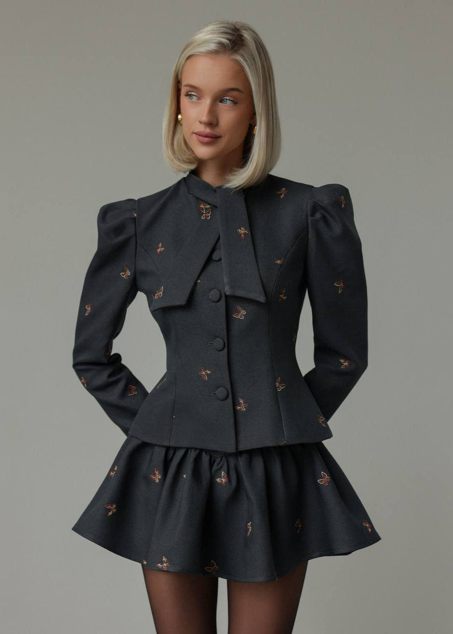 EmbroideRed Puff Sleeve Jacket and Skirt Set