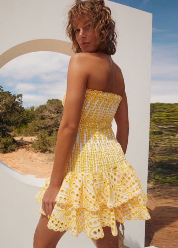 Zaria Strapless Ruffle Mini Dress Smocked Yellow Eyelet