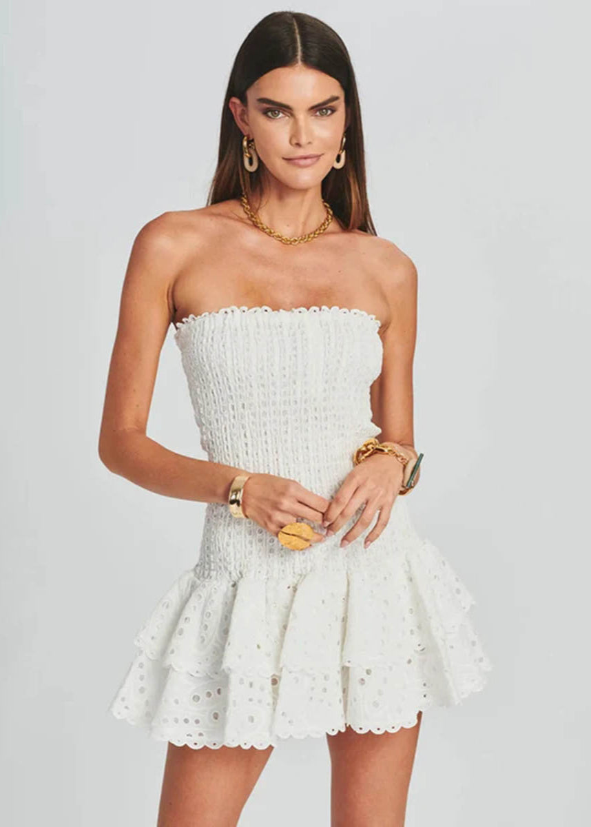 Zaria Strapless Ruffle Mini Dress Smocked Yellow Eyelet