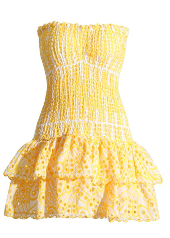 Zaria Strapless Ruffle Mini Dress Smocked Yellow Eyelet