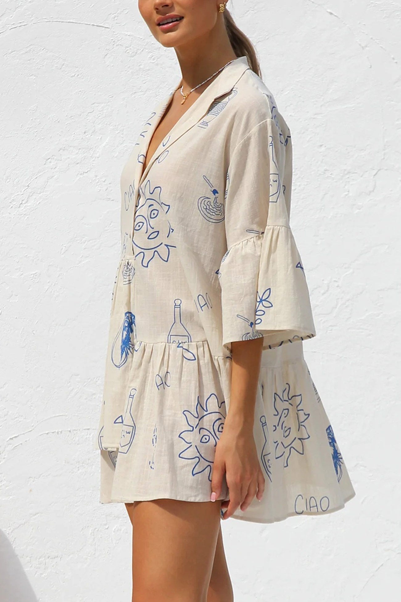 Printed Flares Sleeve Ruched Mini Dress