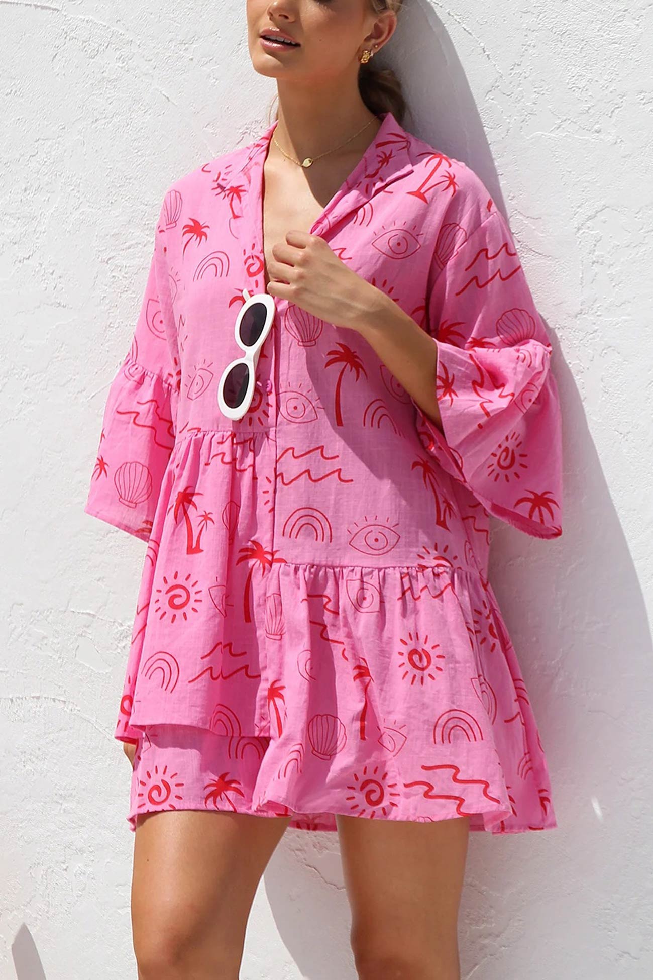 Printed Flares Sleeve Ruched Mini Dress