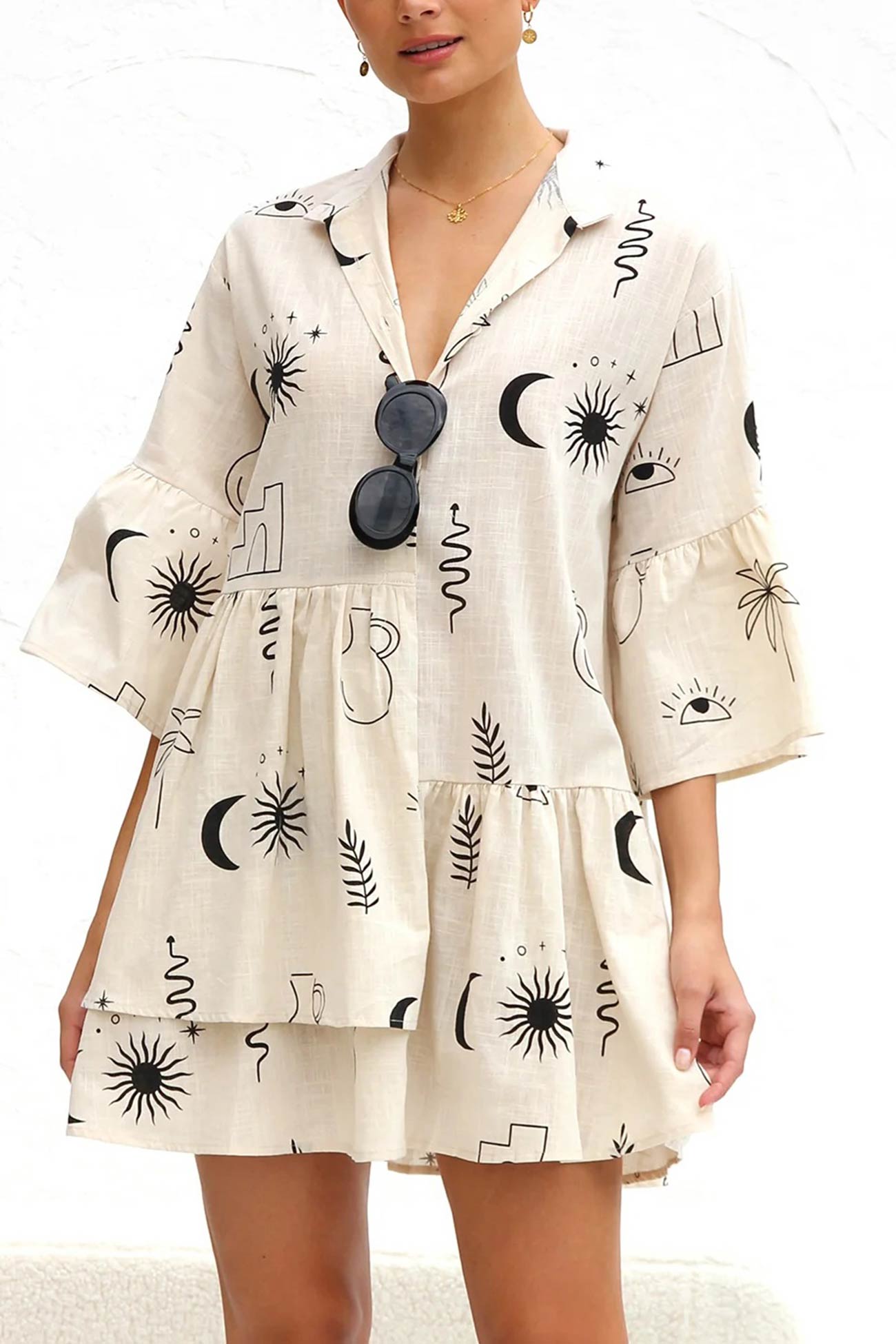Printed Flares Sleeve Ruched Mini Dress
