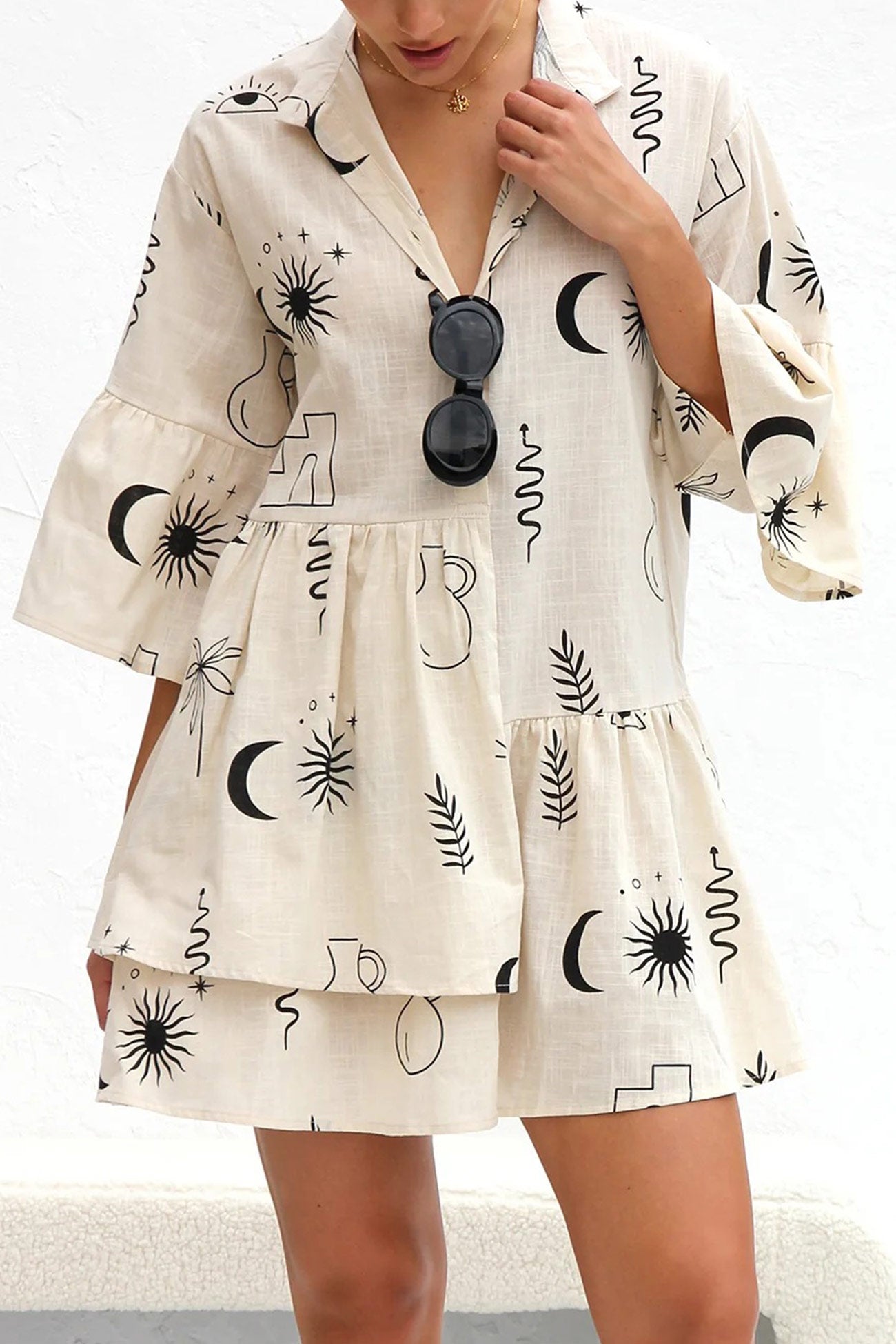 Printed Flares Sleeve Ruched Mini Dress