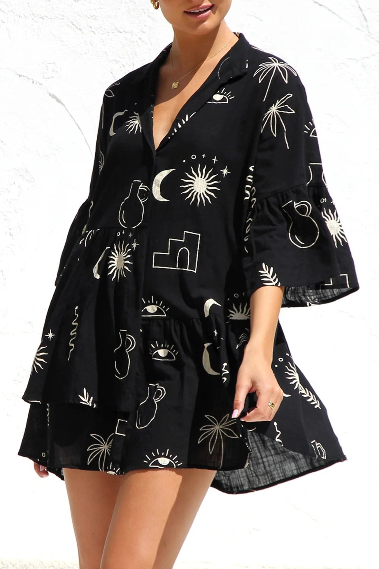 Printed Flares Sleeve Ruched Mini Dress