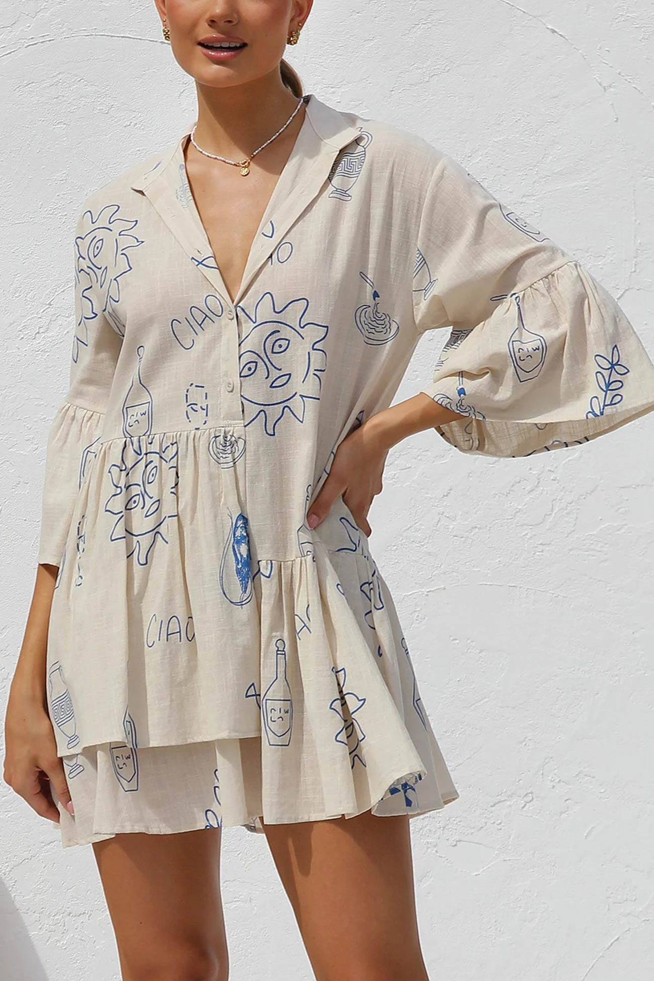 Printed Flares Sleeve Ruched Mini Dress