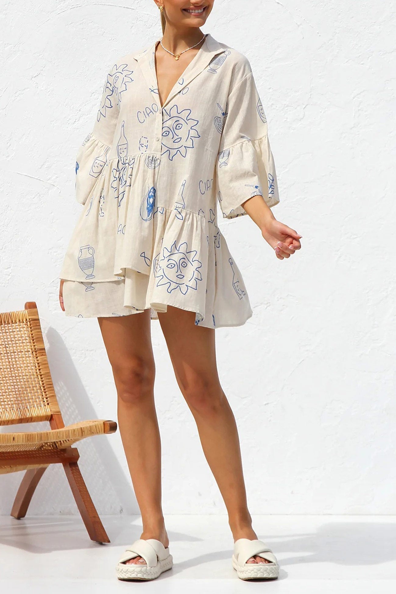 Printed Flares Sleeve Ruched Mini Dress