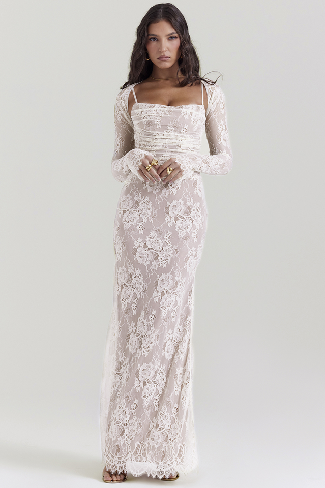 vintage white lace maxi dress Elegant White Lace Long Sleeve Maxi Dress