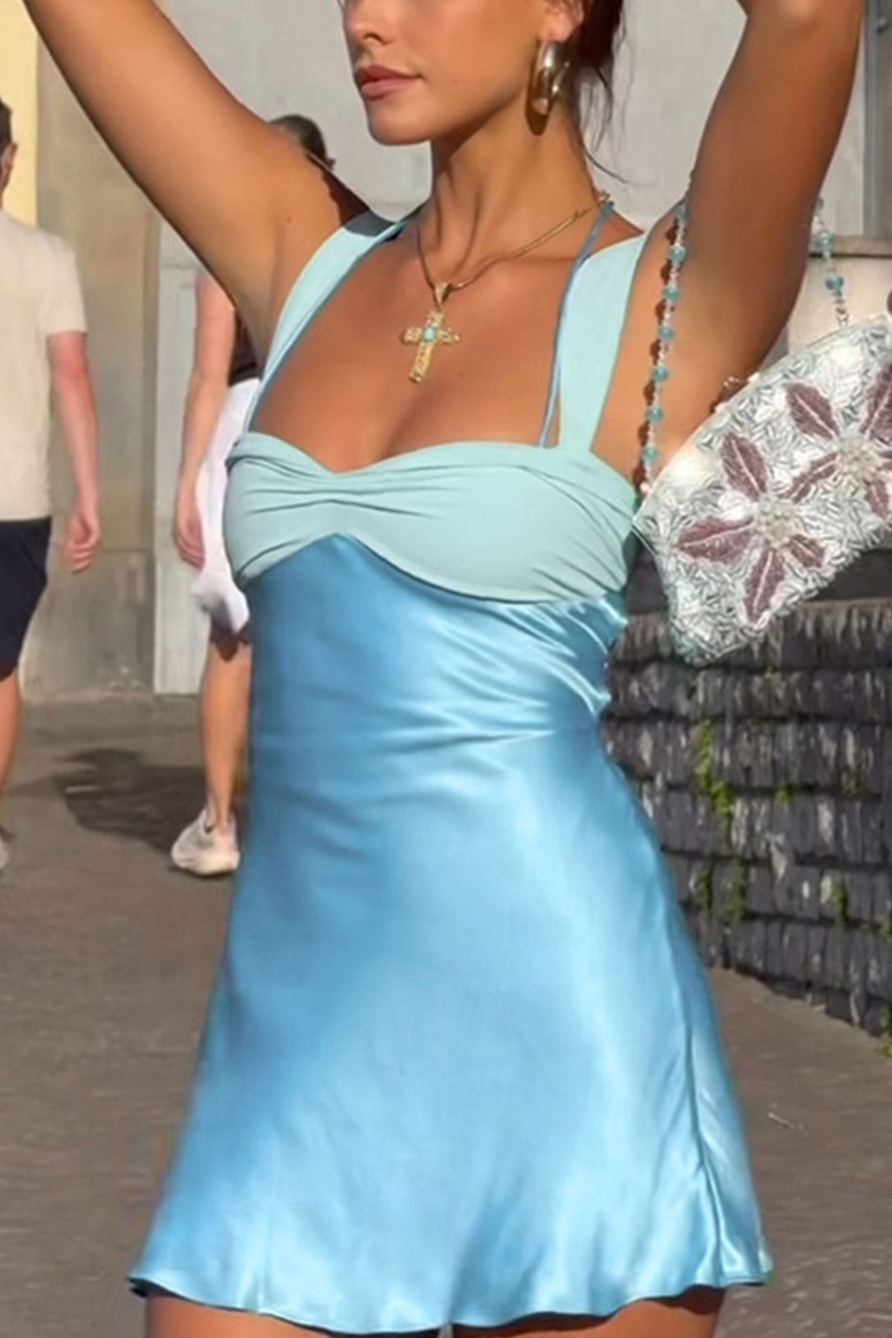 Satin Contrast Color Tie-up Cami Dress