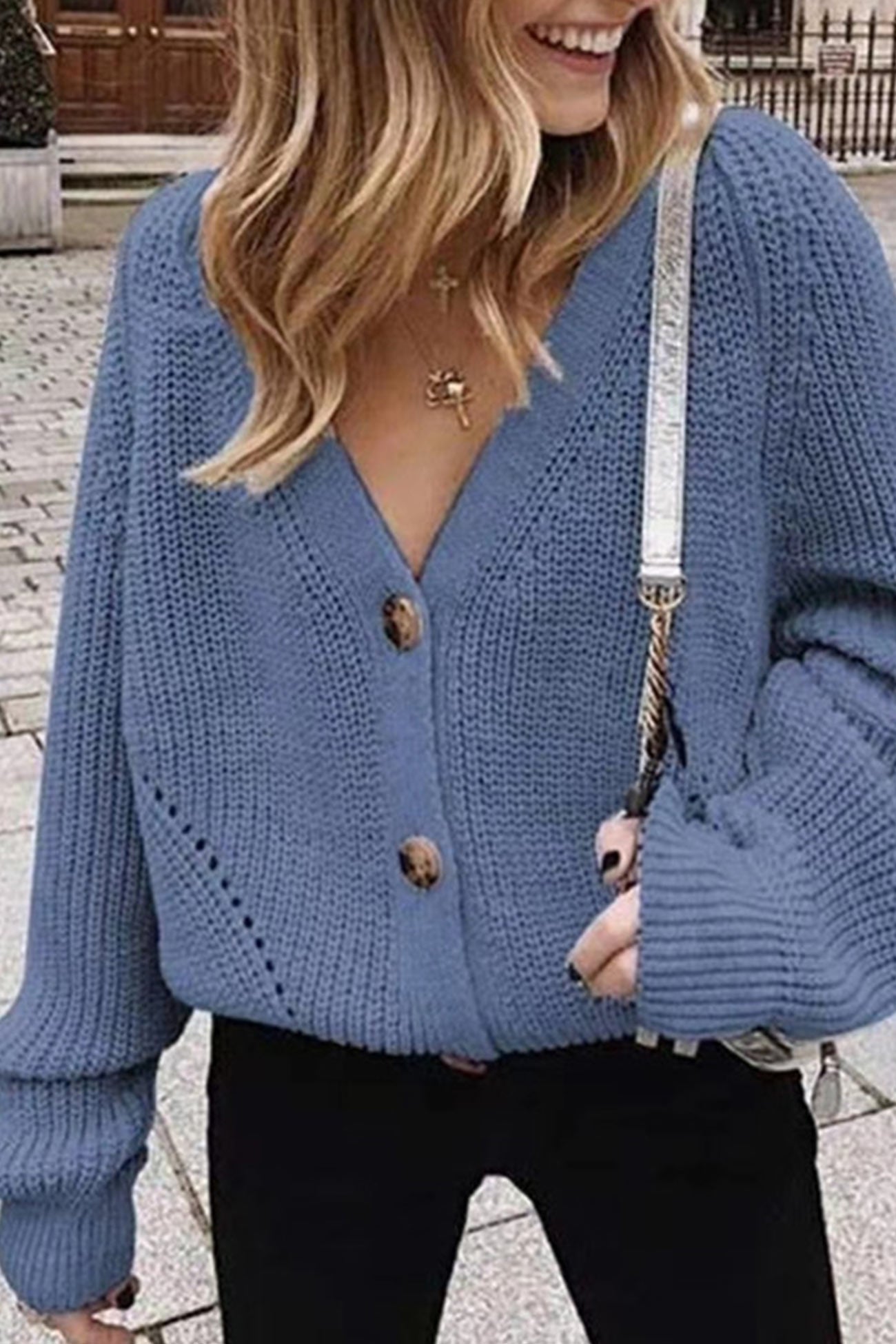 V Neck Lantern Sleeve Cardigan