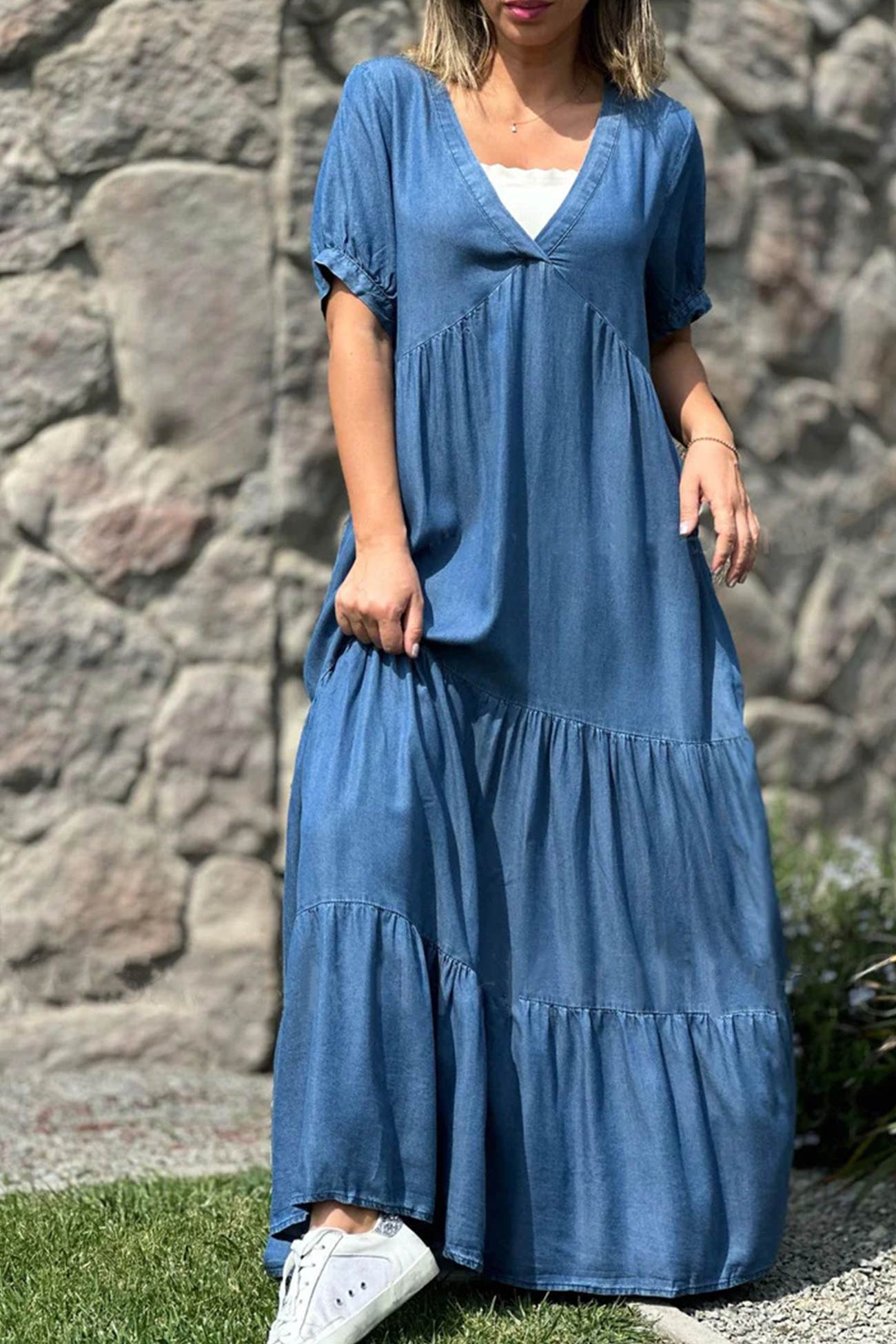 V Neck Short Sleeve Faux Denim Tiered Dress