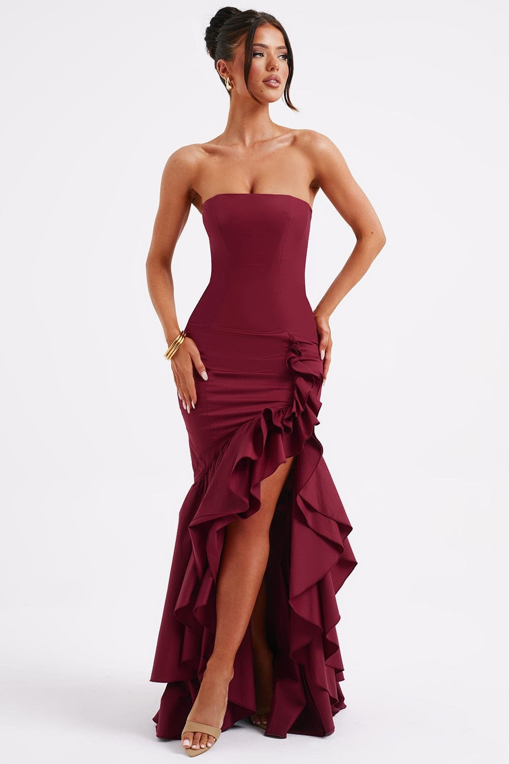 burgundy v neck maxi dress A-Line V-Neck Long Sleeves Burgundy Prom Dress with Appliques PG677 US16 / Burgundy