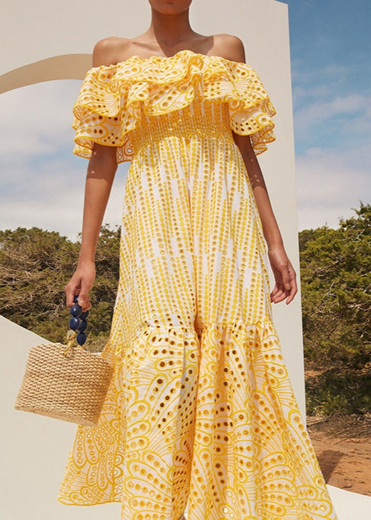 Soleia Ruffle Off-Shoulder Dress EmbroideRed Boho Midi