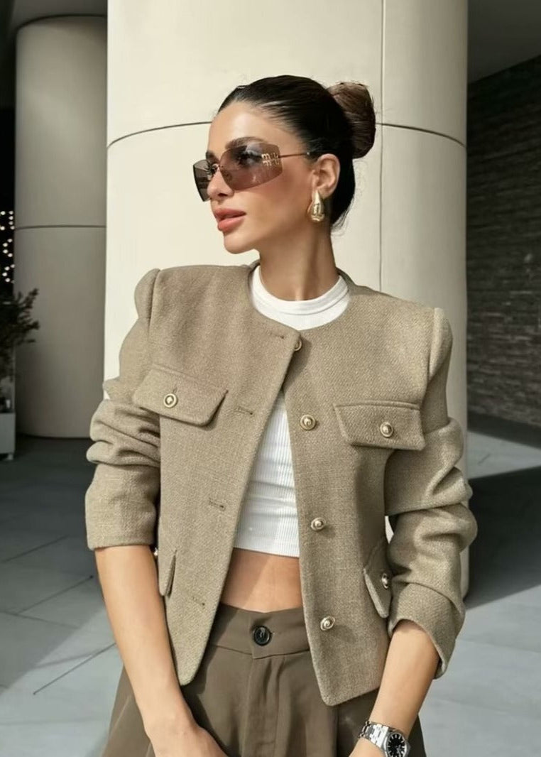 TailoRed Tweed Cropped Jacket â€?Classic Elegance with Gold Button Accents