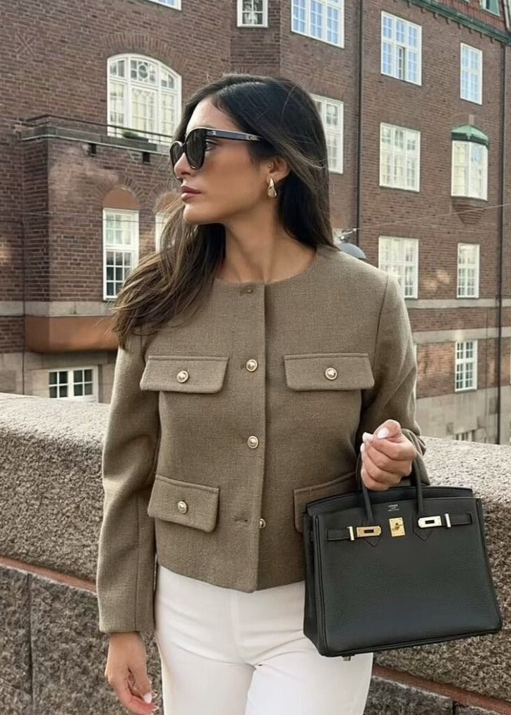 TailoRed Tweed Cropped Jacket â€?Classic Elegance with Gold Button Accents