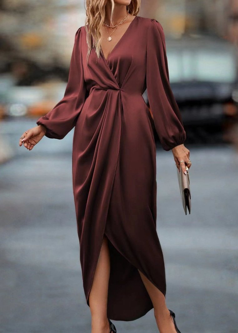 Elegant Red Draped V-Neck Midi Dress