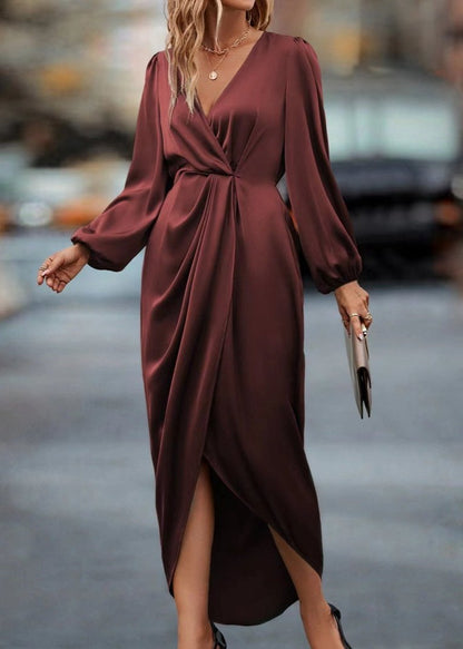 Elegant Red Draped V-Neck Midi Dress