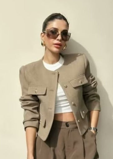 TailoRed Tweed Cropped Jacket â€?Classic Elegance with Gold Button Accents