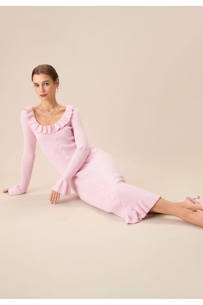 Valerie U-Neck Ruffle Midi Knit Dress