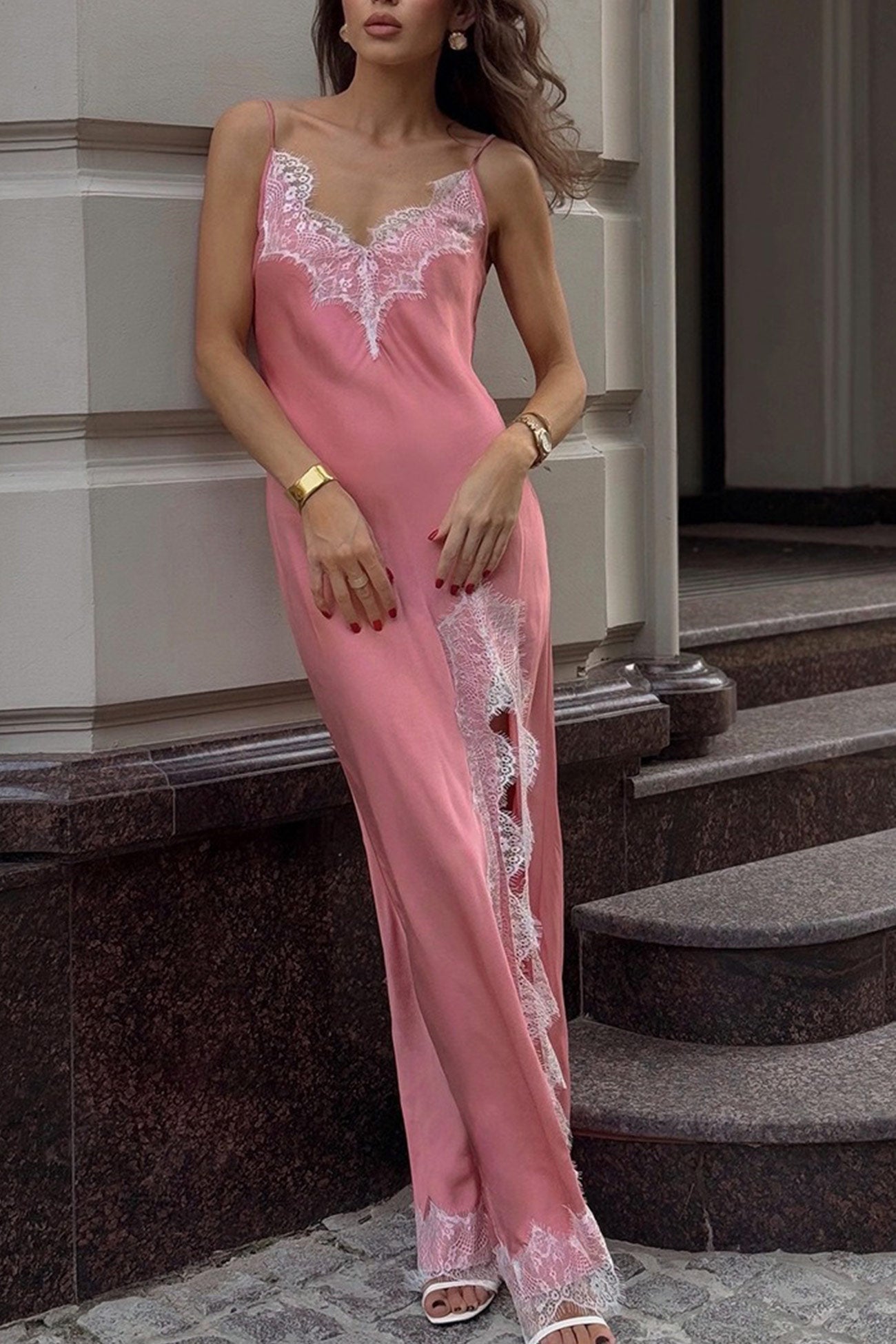 Satin Lace Side Slit Cami Dress