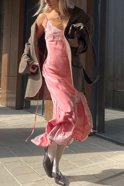 Satin Lace Side Slit Cami Dress