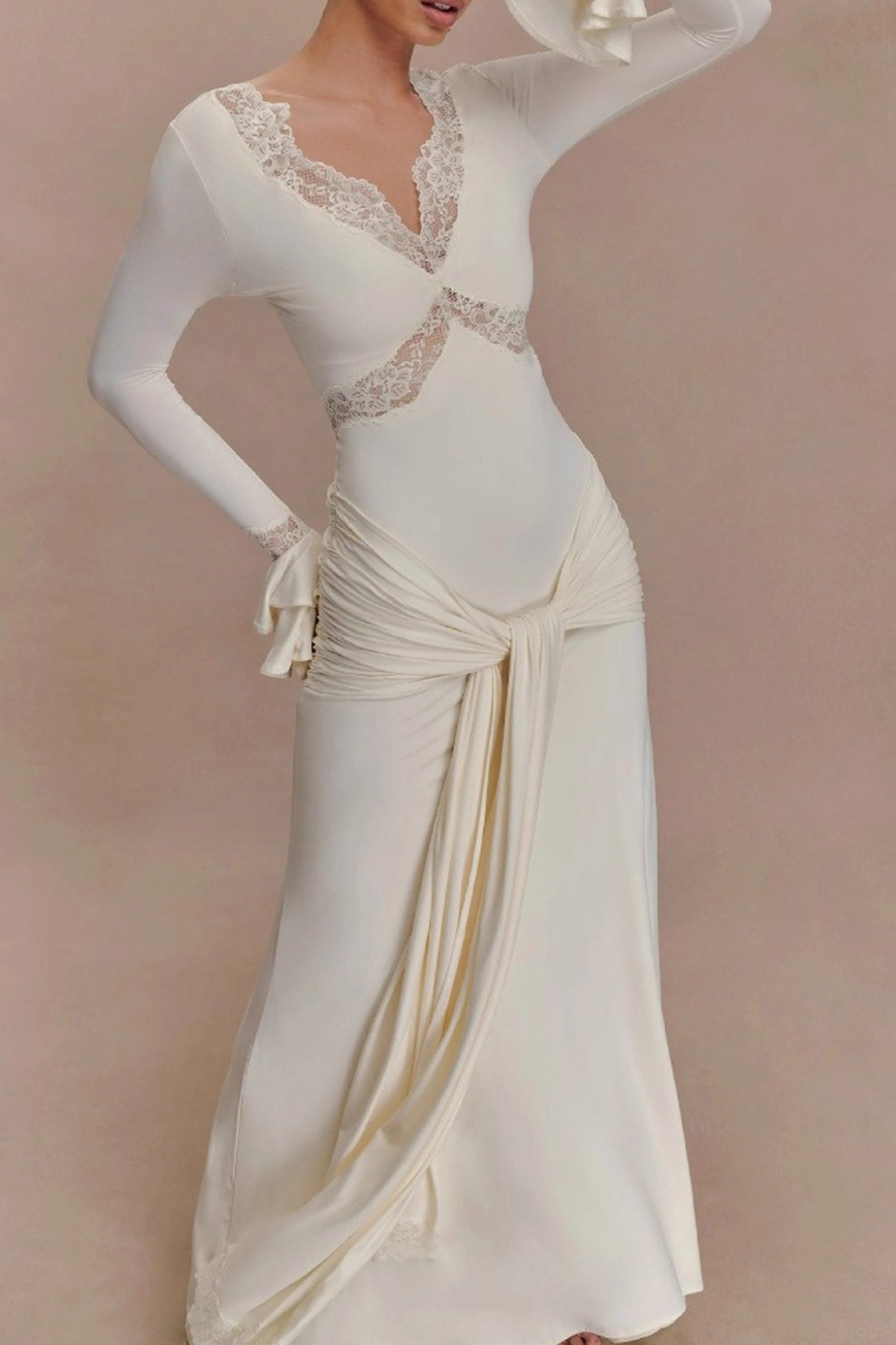 Lace Patchwork Flare Sleeve Tie-up Maxi Dress