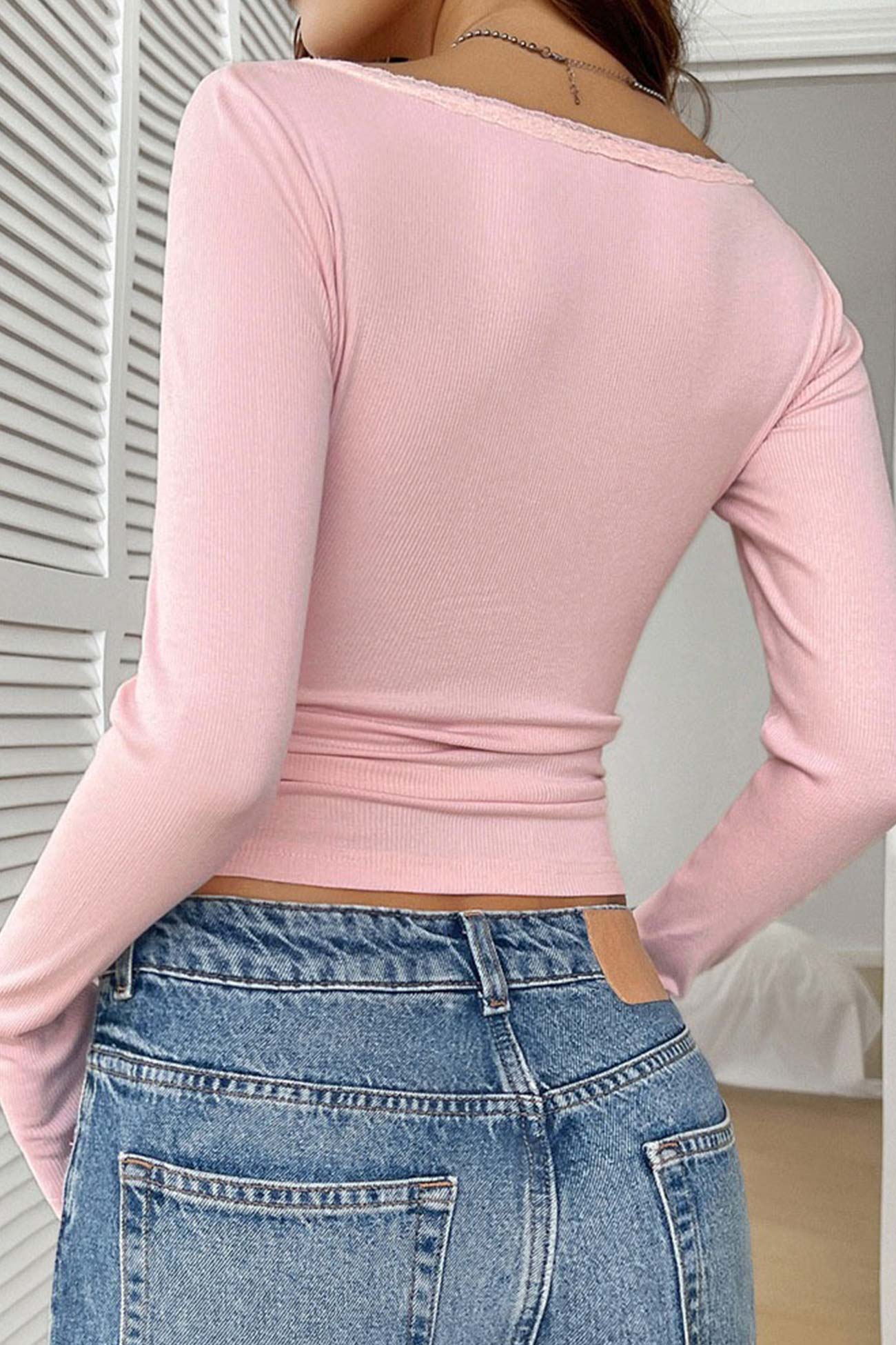 Lacework Button-down Ribbed Knit Tops