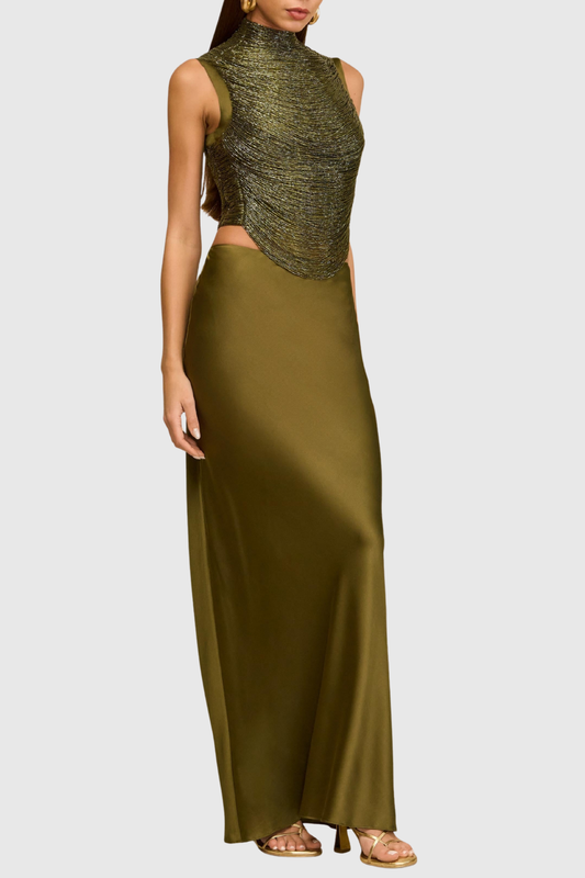 Fedde Fringe Satin Skirt Set In Olive