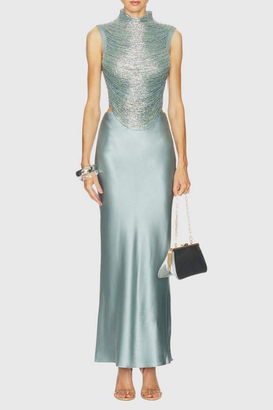 Fedde Fringe Satin Skirt Set In Sky Blue
