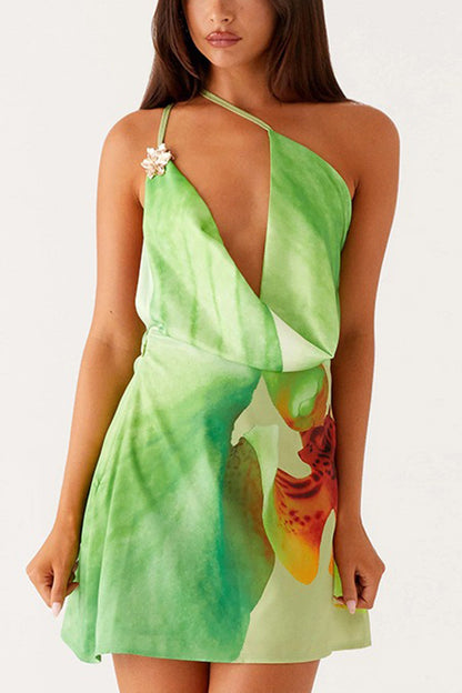 Floral Cowl Neck One-shoulder Mini Dress
