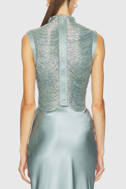 Fedde Fringe Satin Skirt Set In Sky Blue