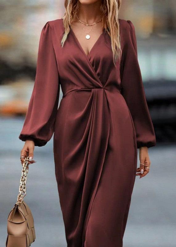 Elegant Red Draped V-Neck Midi Dress