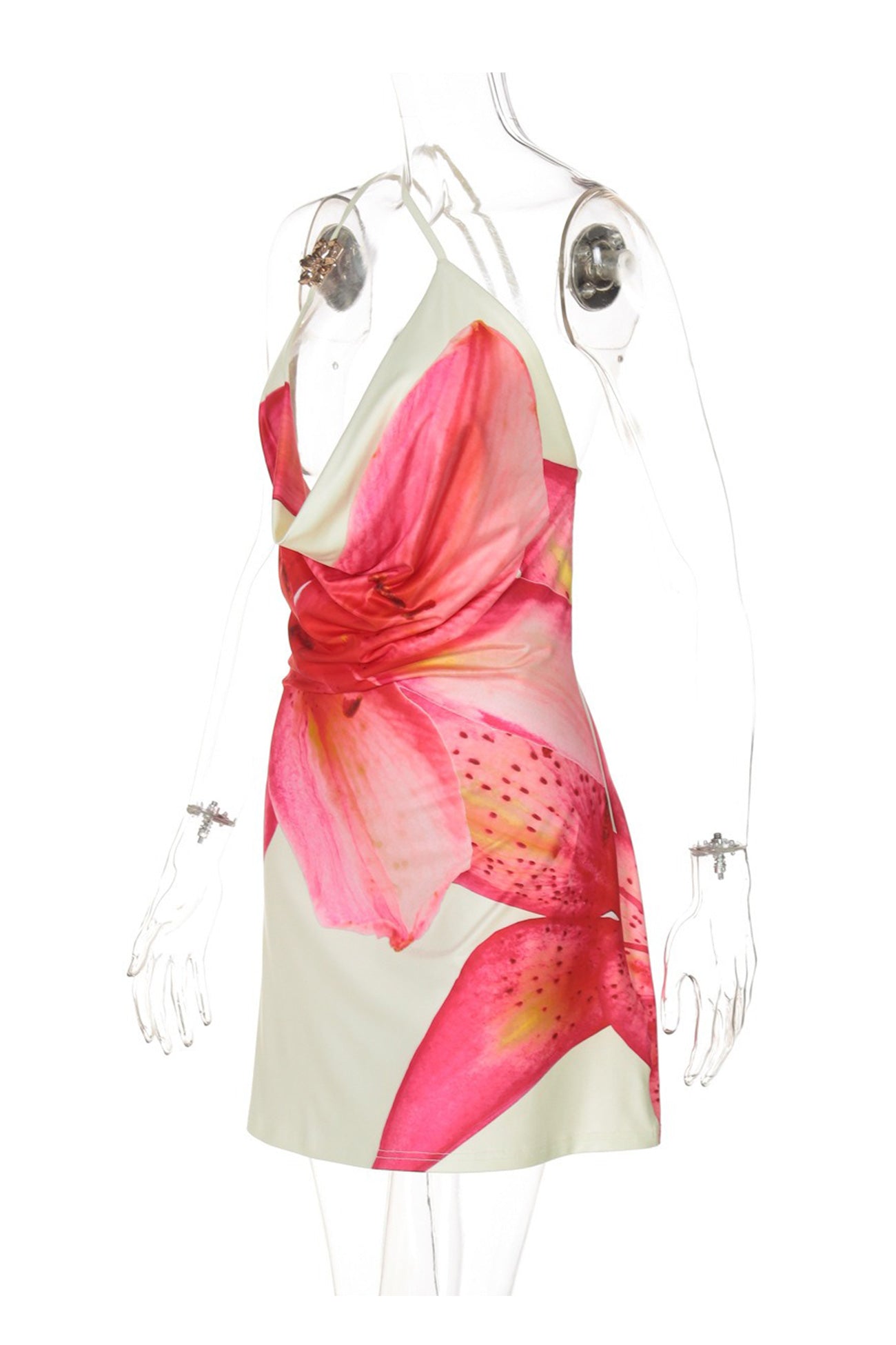Floral Cowl Neck One-shoulder Mini Dress